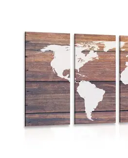 Obrazy mapy 5-dílný obraz mapa světa s dřevěným pozadím