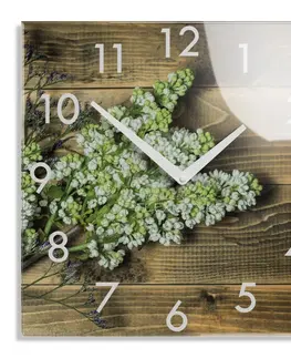 Nástěnné hodiny Dekorační skleněné hodiny 30 cm s motivem bílého šeříku
