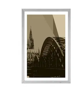Černobílé Plakát s paspartou ilustrace města Kolín v sépiovém provedení