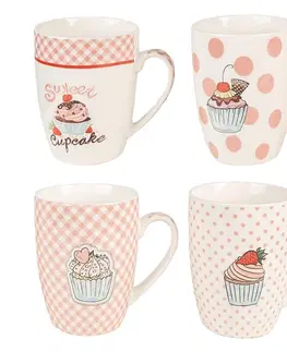 Hrnky a šálky Set 4ks bílo-růžový porcelánový hrnek s dortíky Cupcake  - 8*10 cm / 0,3L  Clayre & Eef 6CEMS0045
