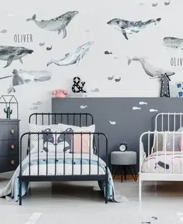 Samolepky na zeď Dětské samolepky na zeď - Šedé velryby se jménem dítěte