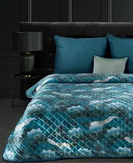 Jednobarevné přehozy na postel Designový přehoz na postel LOTOS tyrkysová se zlatým motivem