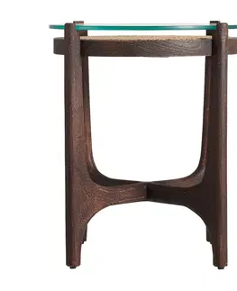 Luxusní a designové příruční stolky Estila Moderní kulatý příruční stolek Nossen z mangového dřeva, skla a ratanu v hnědé barvě 56cm