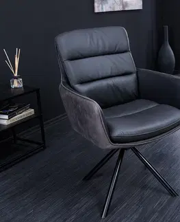 Luxusní jídelní židle Estila Moderní industriální otočná kožená židle Coiro s kovovými nožičkami antracitová černá 90 cm