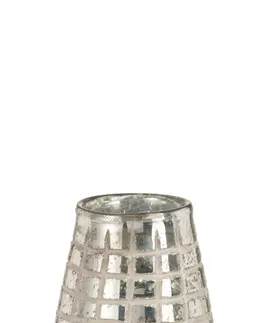 Svícny Stříbrný skleněný svícen s mřížkou, patinou a odřeninami - 15*15*17 cm J-Line by Jolipa 75697