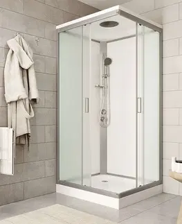 Sprchové vaničky MEREO Sprchový box, čtvercový, 90 cm, satin ALU, sklo Point, zadní stěny bílé, litá vanička, se stříškou CK34122KMSW
