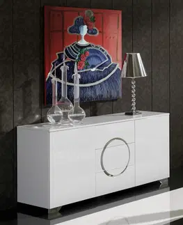 Luxusní příborníky a komody Estila Designový příborník Henning s dvířky a šuplíky v lesklé bílé barvě s chromovými nožičkami 160cm