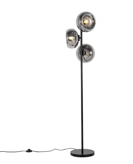 Stojaci lampy Stojací lampa Art Deco černá s kouřovým sklem 3-světelná - Ayesha