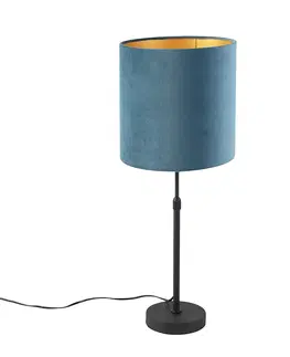 Stolni lampy Stolní lampa černá s velurovým odstínem modrá se zlatem 25 cm - Parte