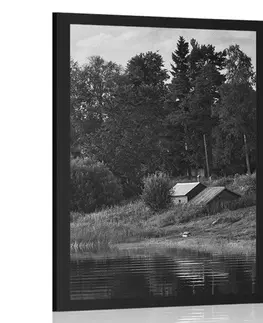 Černobílé Plakát pohádkové domky u řeky v černo bílém provedení