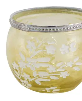 Svícny Žlutý skleněný svícen na čajovou svíčku s květy Teane  - Ø 10*9 cm Clayre & Eef 6GL3495