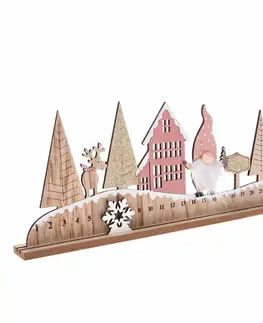 Vánoční dekorace Adventní dřevěný kalendář se skřítkem růžová, 45 x 17 x 4 cm