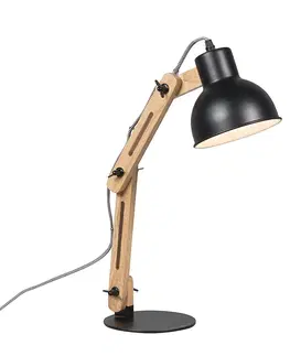 Stolni lampy Průmyslová stolní lampa černá se dřevem - Woodi