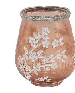 Svícny Béžovo-hnědý skleněný svícen na čajovou svíčku s květy Teane  - Ø 9*10 cm Clayre & Eef 6GL3498