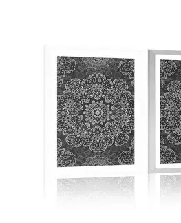 Černobílé Plakát s paspartou Mandala s abstraktním vzorem v černobílém provedení