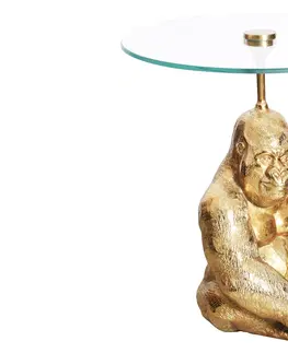 Luxusní a designové příruční stolky Estila Luxusní kulatý příruční stolek Wilde v art-deco stylu s podstavou s figurou gorily ve zlaté barvě a skleněnou deskou 51 cm