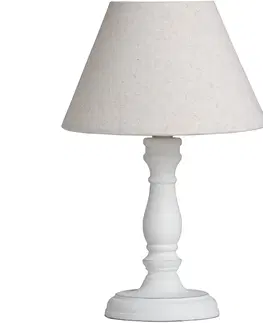 Designové a luxusní noční lampy do ložnice Estila Provensálská bílá noční lampa CYRENE s dřevěnou vyřezávanou podstavou a lněným stínítkem 30cm