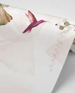 Tapety listy Tapeta listy s kolibříky v hnědo-růžovém