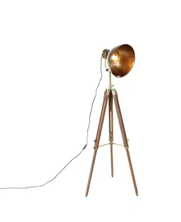 Stojaci lampy Průmyslová stojací lampa stativ bronz se dřevem - Mangoes