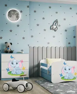 Dětské postýlky Kocot kids Dětská postel Babydreams slon s motýlky modrá, varianta 80x160, bez šuplíků, s matrací