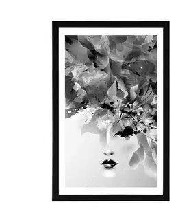 Černobílé Plakát s paspartou módní ženská tvář s abstraktními prvky v černobílém provedení