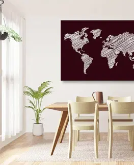 Obrazy mapy Obraz šrafována mapa světa na bordovém pozadí