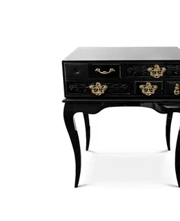 Designové a luxusní noční stolky Estila Luxusní černý noční stolek Mondrian z lakovaného masivního dřeva a černého skla se zlatými detaily 63 cm