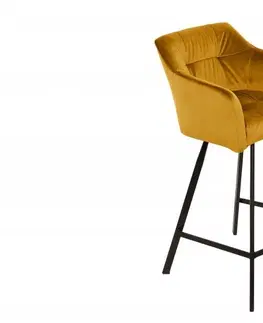 Luxusní barový nábytek Estila Moderní sametová žlutá barová židle Garret s černou kovovou konstrukcí 100cm