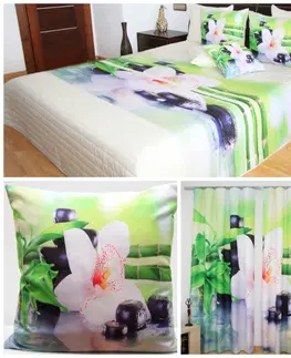 DEKORAČNÍ SETY Zelený 3D set přehoz, povlaky na polštáře a závěs s motivem květu a bambusu