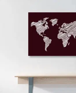 Obrazy mapy Obraz šrafována mapa světa na bordovém pozadí