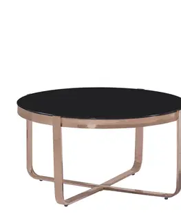 Designové a luxusní konferenční stolky Estila Art-deco kulatý konferenční stolek Brilia s kovovou rose gold konstrukcí a černým temperovaným sklem 80cm