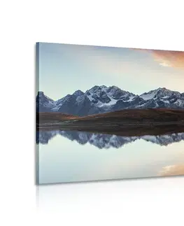 Obrazy přírody a krajiny Obraz oslnivý západ slunce nad horským jezerem