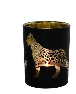 Svícny Černo zlatý skleněný svícen s jaguárem L - 10*10*12cm Mars & More XMWLJZL