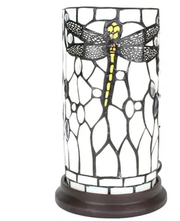 Svítidla Bílá válcovitá stolní lampa Tiffany s vážkou DragonFly - Ø 15*26 cm E14/max 1*40W Clayre & Eef 5LL-6302