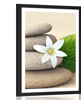 Feng Shui Plakát s paspartou bílý květ a kameny v písku