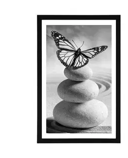 Černobílé Plakát s paspartou rovnováha kamenů a motýl v černobílém provedení