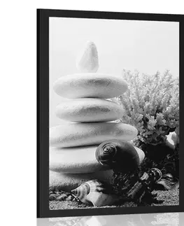 Černobílé Plakát Zen kameny s mušlemi v černobílém provedení