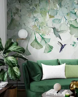 Samolepící tapety Samolepící tapeta zelené listy s kolibříky