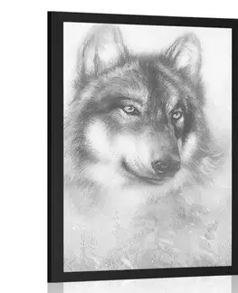 Černobílé Plakát vlk v zasněžené krajině v černobílé krajině
