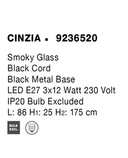 Designová závěsná svítidla NOVA LUCE závěsné svítidlo CINZIA kouřové sklo černý kabel černá kovová základna E27 3x12W 230V IP20 bez žárovky 9236520