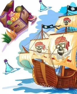 Pohádkové postavičky Barevná dekorační nálepka na zeď pirátská loď s pokladem
