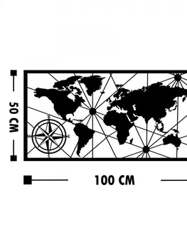 Bytové doplňky a dekorace Hanah Home Nástěnná kovová dekorace Mapa světa kompas 100x50 cm černá