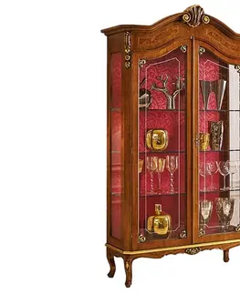 Luxusní a stylové vitríny Estila Luxusní klasická prosklená dvoudveřová vitrína Clasica z dřevěného masivu s barokní výzdobou a chippendale nožičkami 210 cm