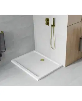 Sprchové vaničky Obdélníková sprchová vanička MEXEN FLAT SLIM 140x90 cm bílá + zlatý sifon