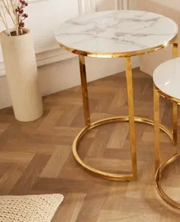 Designové a luxusní konferenční stolky Estila Art-deco set příručních stolků Gold Marbleux v moderním stylu s kovovou postavou zlaté barvy s mramorovým vzhledem 60cm