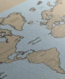 Obrazy mapy Obraz béžová mapa světa na modrém pozadí