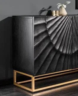 Luxusní příborníky a komody Estila Art-deco luxusní příborník Cumbria v černém provedení z masivního mangového dřeva a zlatými nožičkami 140cm