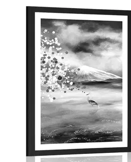 Černobílé Plakát s paspartou volavky pod magickým stromem v černobílém provedení