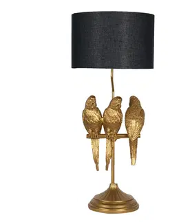 Lampy Zlatá lampa s dekorací papoušků s černým stínidlem – Ø 33*79 cm E27/max 1*60W Clayre & Eef 5LMC0006