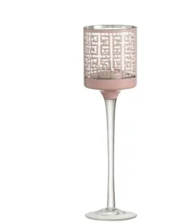 Svícny Růžový skleněný svícen na nožičce s ornamenty - Ø 7*25cm J-Line by Jolipa 92169